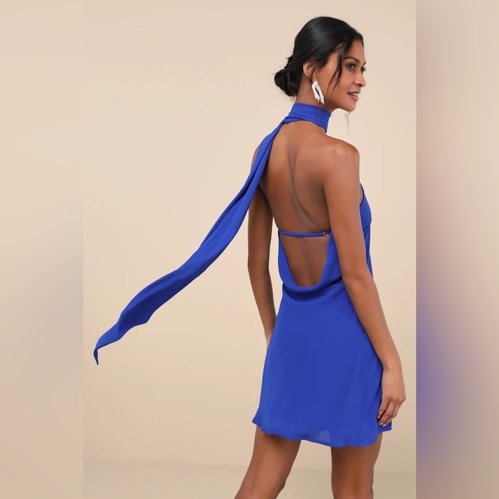 Lulus Isloda Blue One-Shoulder Backless Sash Mini Dress - Picture 2 of 9